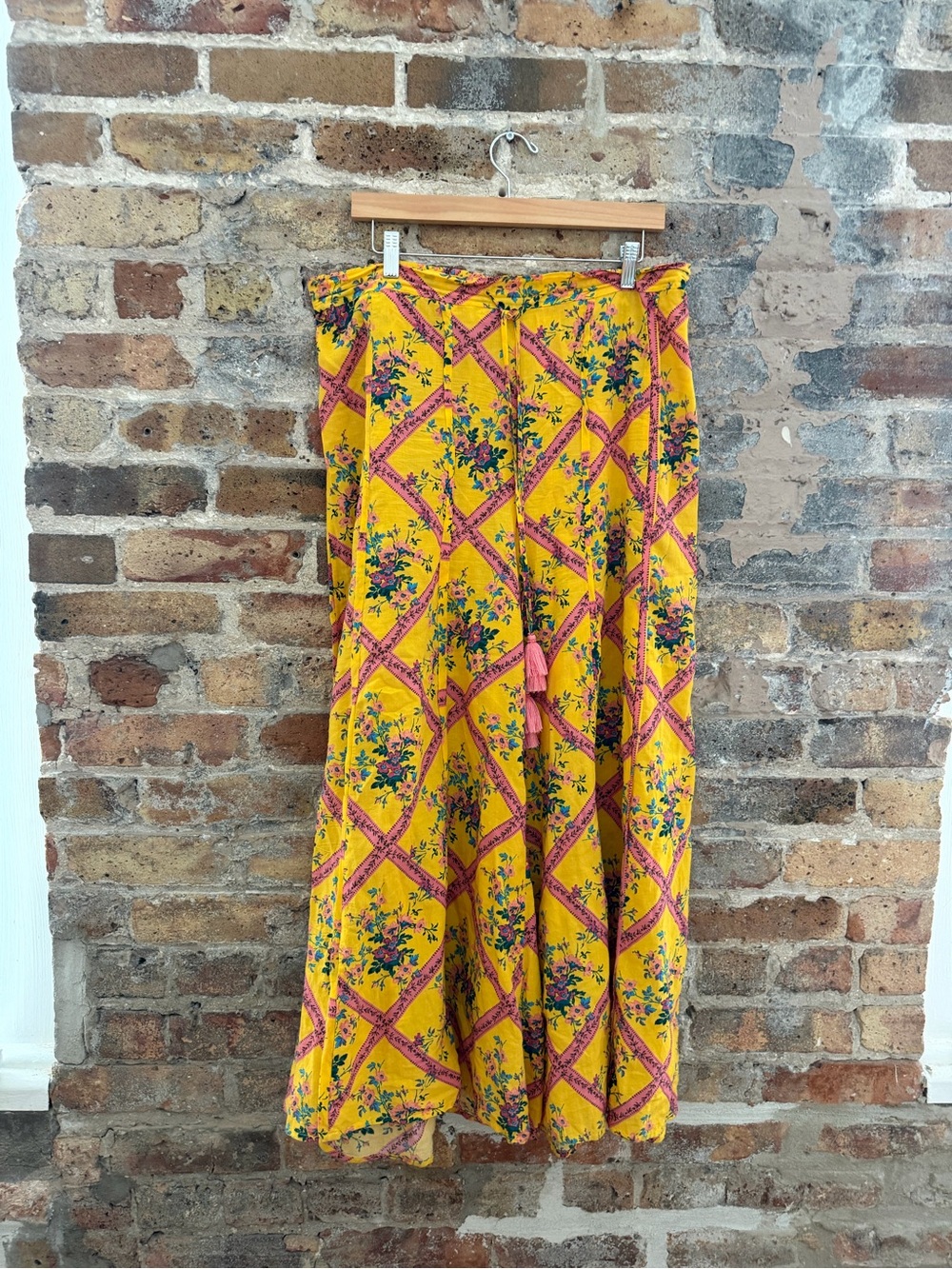 Free People Yellow Floral Wide-Leg Jumpsuit with Pink Lattice
